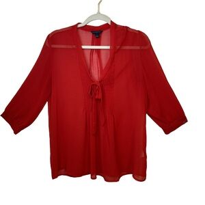 Banana Republic Bright Red V-Neck 3/4 Sleeve Red Sheer Blouse Sz M